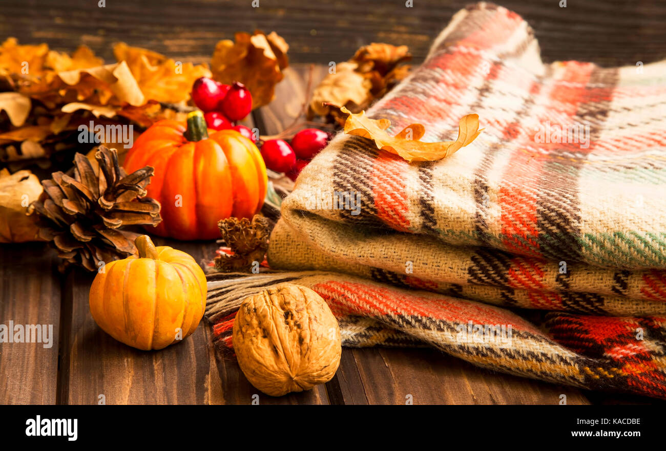 Gemütliche herbstliche Atmosphäre mit weicher Schal und Herbst Dekoration Ornamente mit getrockneten Blätter auf alten Holz- Board Stockfoto