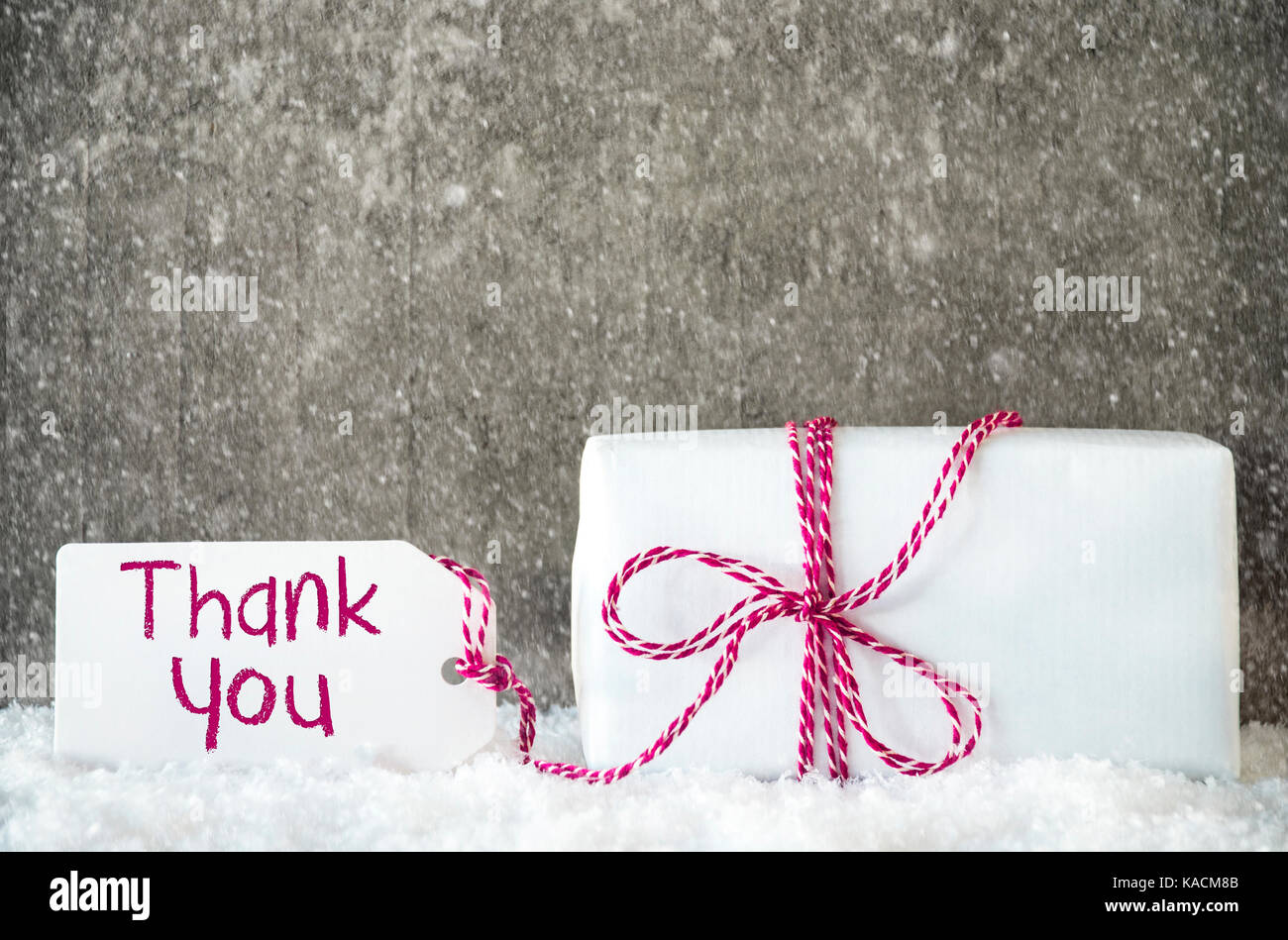 Weiß Geschenk, Schnee, Label, Text Danke, Schneeflocken Stockfoto