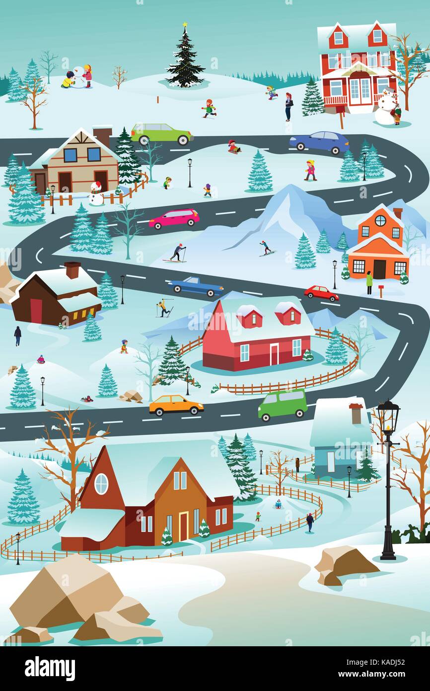 Ein Vektor Abbildung: Winter Dorf mit Menschen Autos und Gebäude Stock Vektor