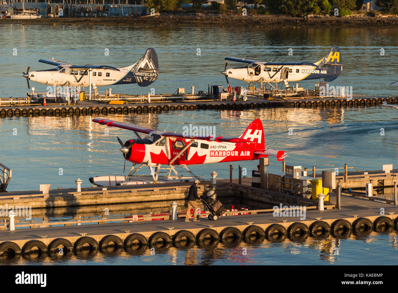 Vancouver, British Columbia, Kanada - 14 September 2017: Floatplanes in Vancouver Harbour Flight Center Wasserflugzeug Terminal angedockt Stockfoto