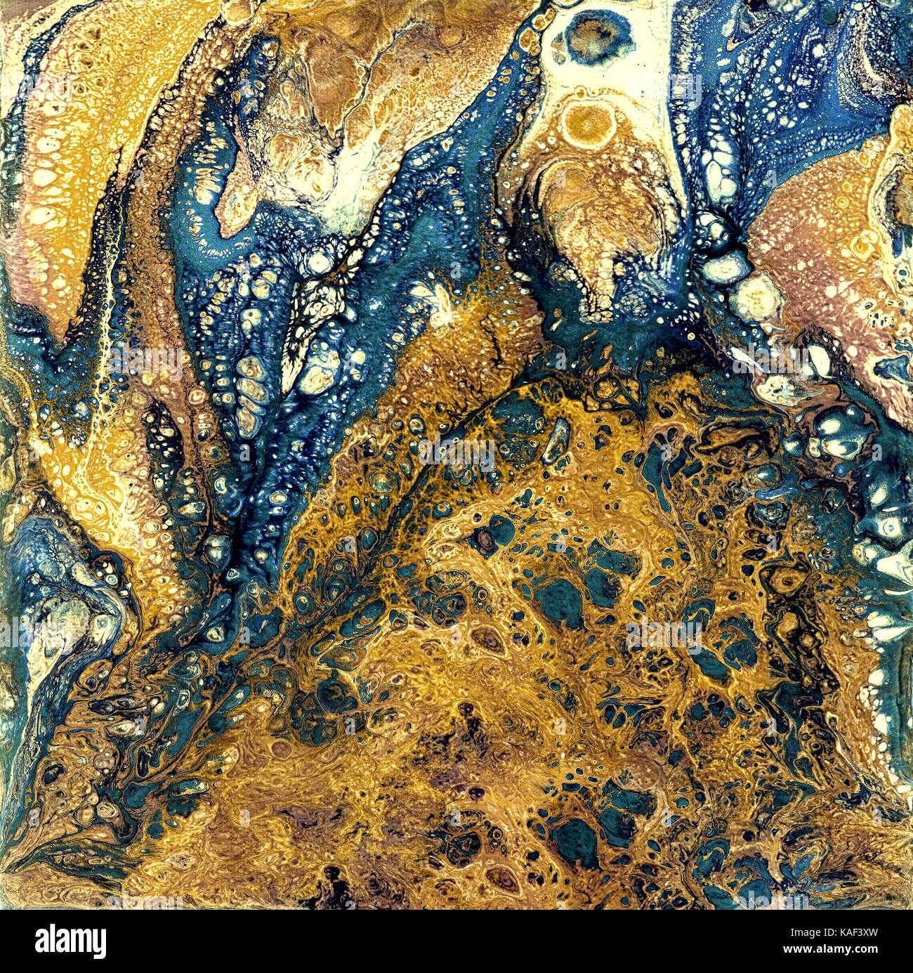 Liguid Aquarell und Tusche abstrakte farbige Malerei. Nasse keuchte Illustration, Zusammenfassung Hintergrund und Tapeten. Gelbe und blaue Farben Stockfoto