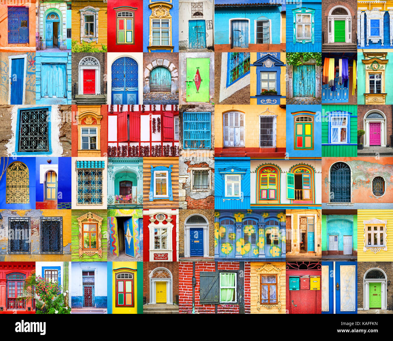 Türen und Fenster der Welt. Farbenfrohe Collage, Travel Concept. Stockfoto