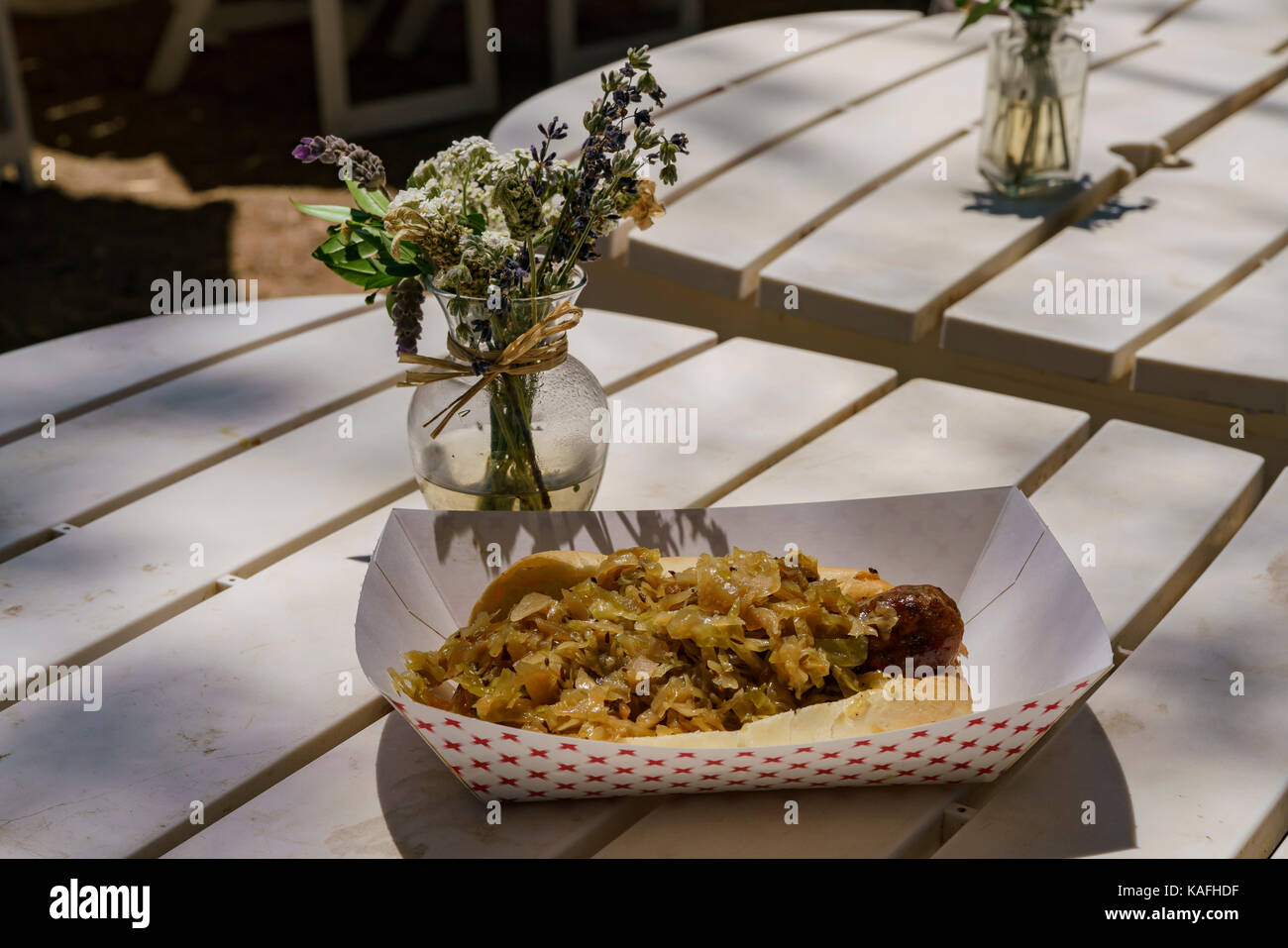 Hot Dog von Lavendel Festival der 123 Bauernhof in San Bernardino, Los Angeles County, USA Stockfoto