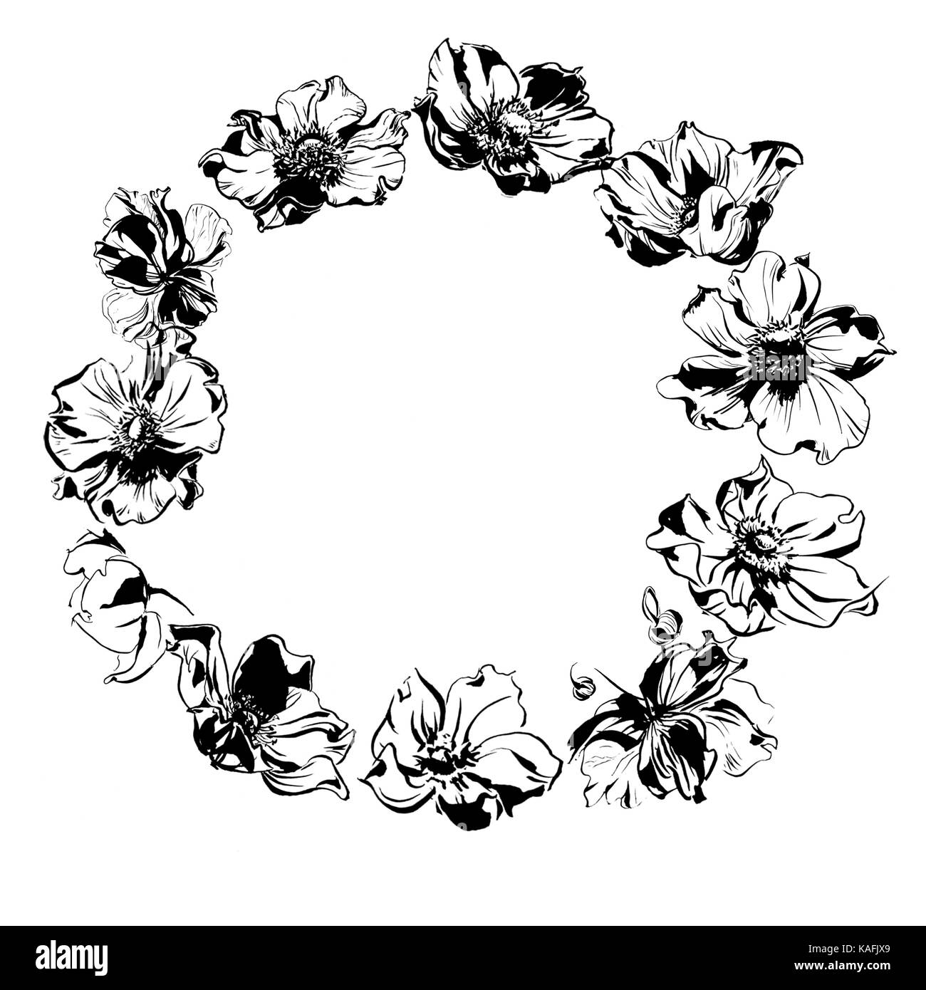 Hand zeichnen Aquarell schwarze Anemone Blumen und Blätter ornament Frame Stockfoto