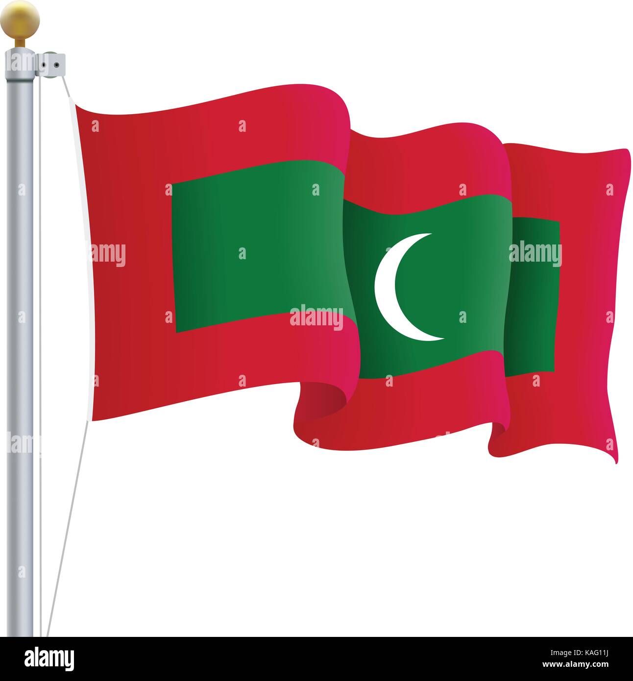 Winkende Malediven Flagge isoliert auf einem weißen Hintergrund. Vector Illustration. Stock Vektor