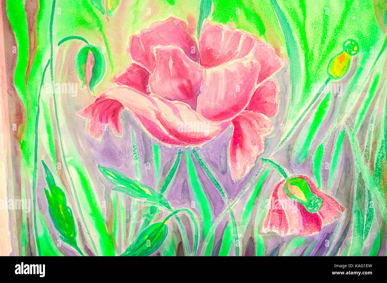 Mohn mit der Knospe im grünen Gras lackiert Acrylfarben auf leichte Seide Stockfoto