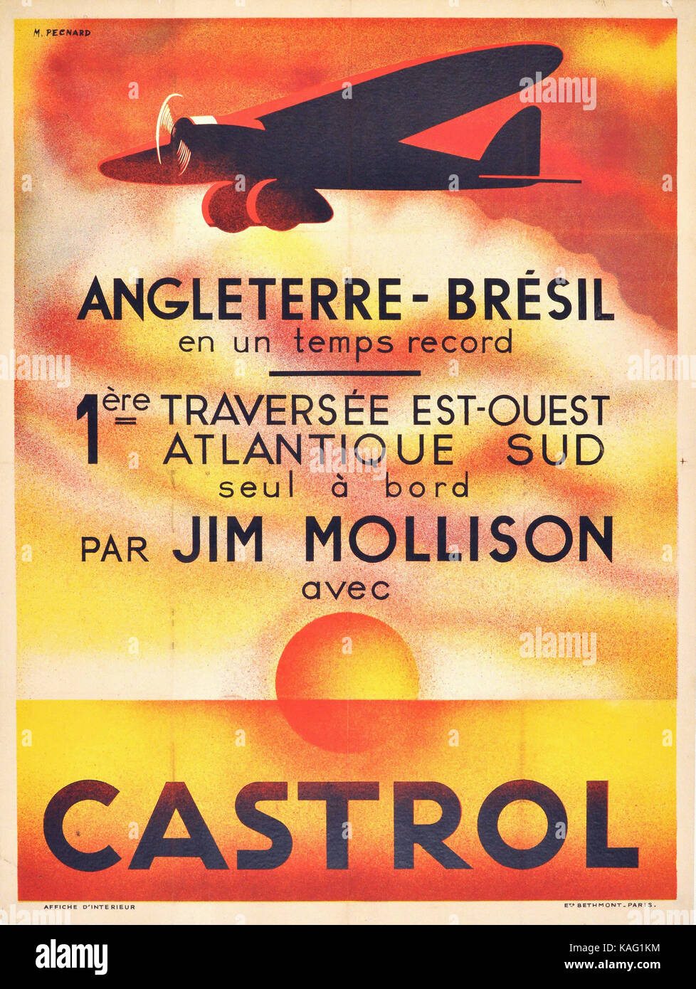 Vintage Poster - original Art déco-Flugzeug poster Castrol Jim Mollison art deco England Brasilien Stockfoto