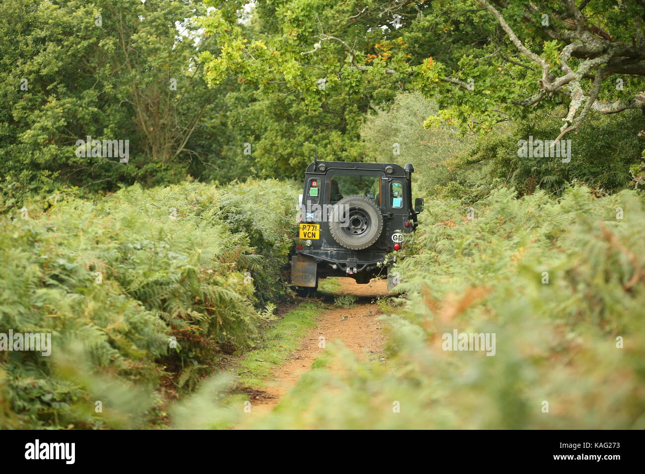 Guildford, Surrey, Großbritannien. 10. September 2017 Land Rover 4x4 Autos fahren off road' Grün Laning'. Stockfoto