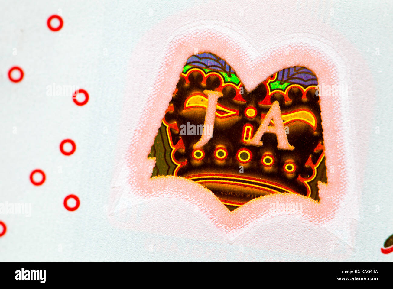 Neue Bank von England Polymer £10 (September 2017), die die Sicherheitsfunktion: Kupferfolie in Form eines Buches mit Jane Austen's Initialen Stockfoto