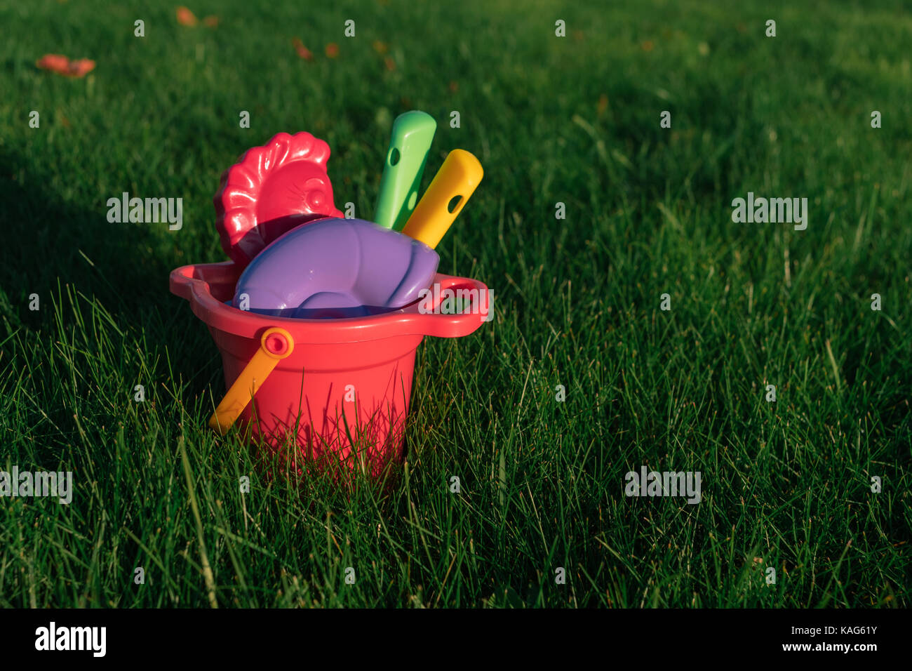 Bunte Spielzeug der Kinder in einem Eimer auf einer grünen Wiese. Stockfoto