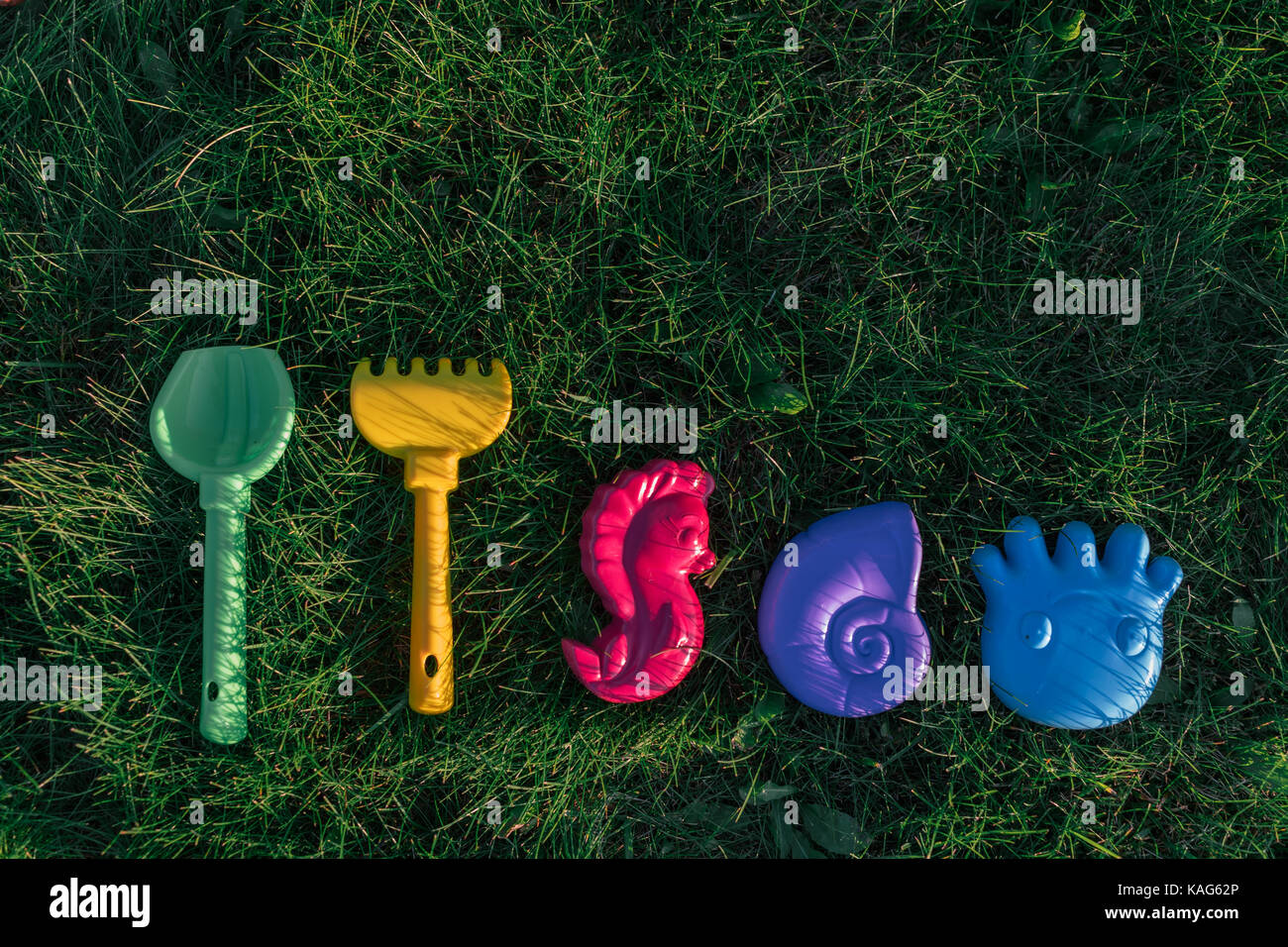 Bunte Spielzeug der Kinder auf einer grünen Wiese. Stockfoto
