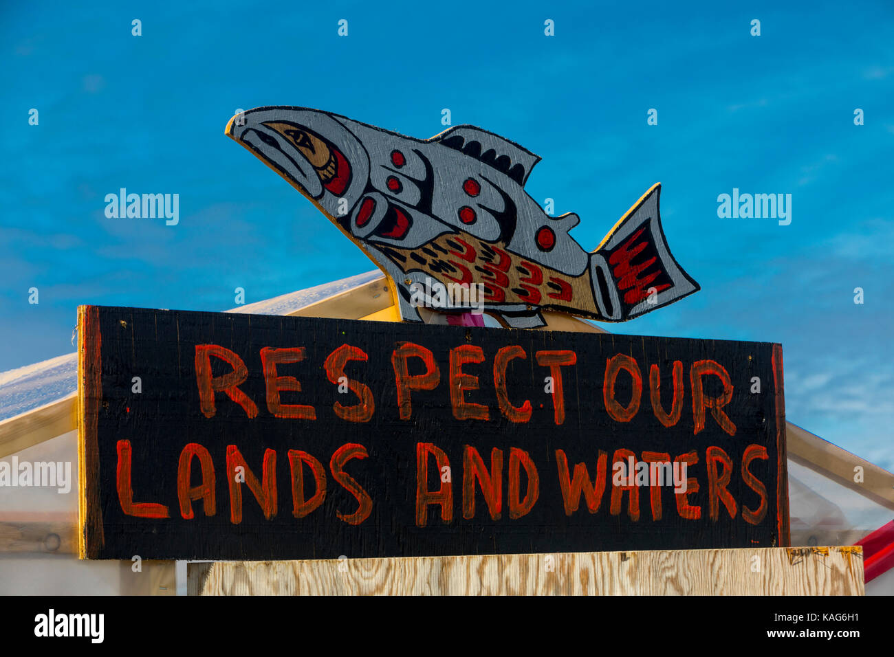 First Nations Protest gegen Fischzuchtbetriebe in British Columbia, Fischzucht Besetzung, Kanada Stockfoto