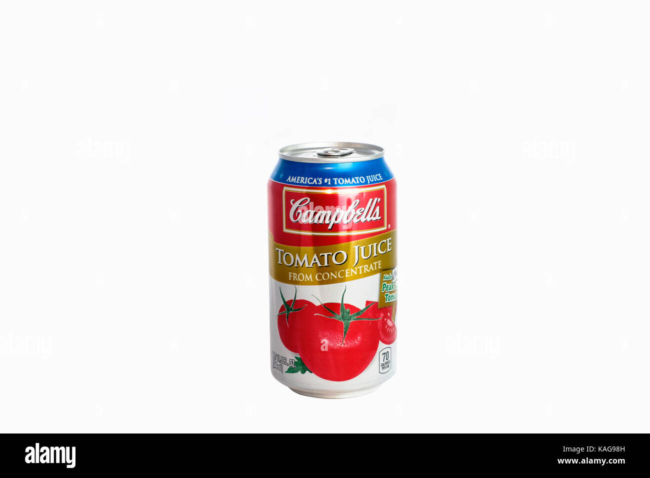 Man kann von Campbell Tomatensaft mit weißem Hintergrund. Ausschnitt aus. USA. Stockfoto