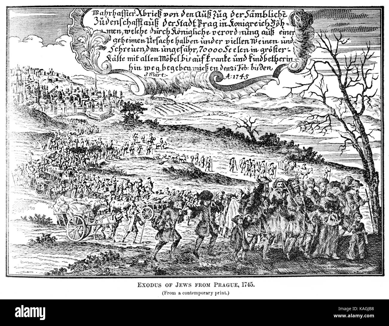 Cartoon aus 1745 : Exodus der Juden aus Prag Stockfoto