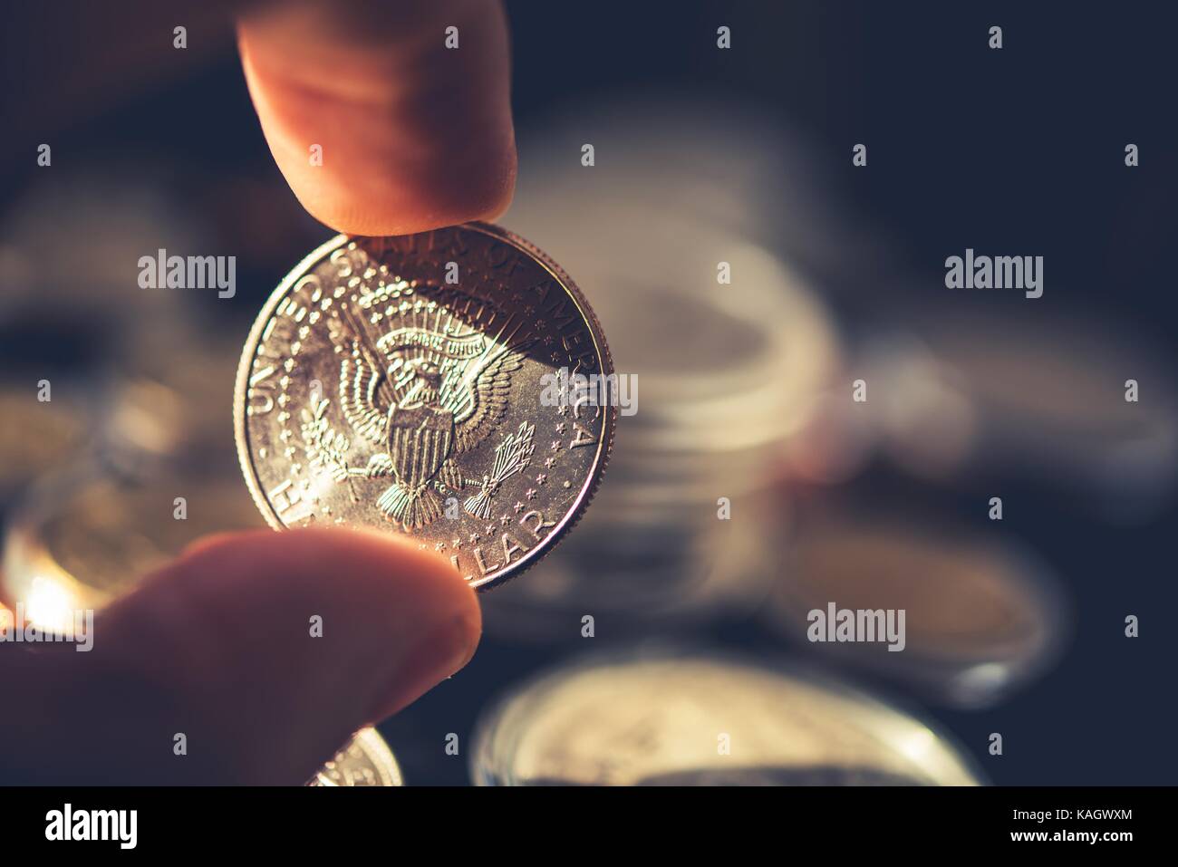 Silber American halb Dollar Collectible Münze in der Hand. Closeup Foto. Stockfoto