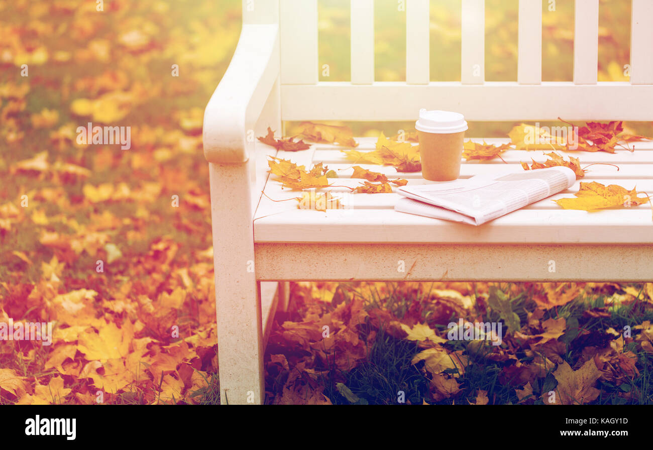 Zeitung und Kaffee Tasse auf Bank im Herbst park Stockfoto