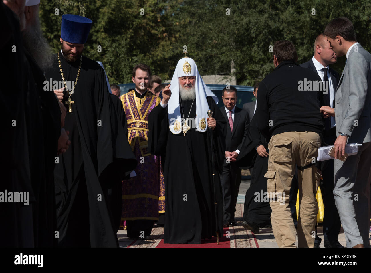 Patriarch Kirill von Moskau und ganz Russland besucht die im Bau befindliche Kathedrale in Astrachan, Russland Stockfoto