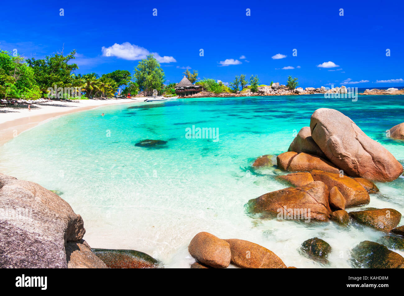 Schönen Strand der Seychellen Insel Praslin. Stockfoto
