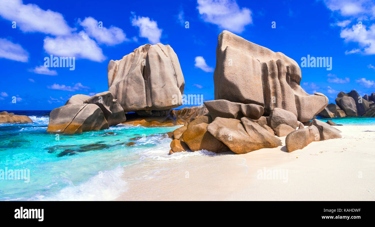 Wunderschönen Anse Marron, La Digue, Seychellen Insel. Stockfoto