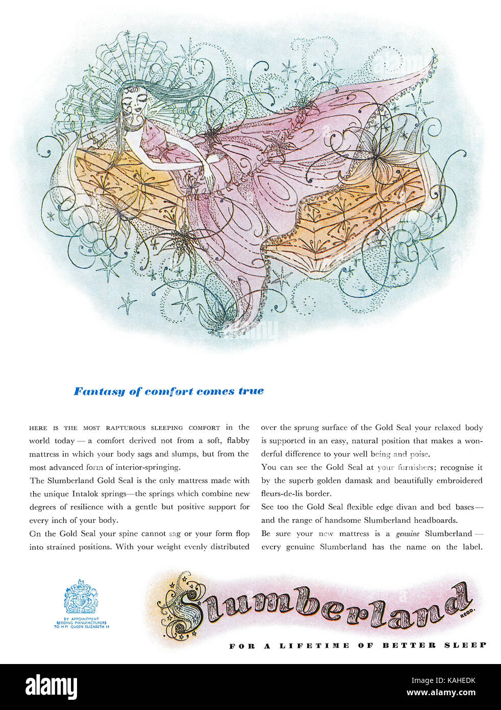 1956 britischen Werbung für das slumberland Gold Seal Matratze. Stockfoto