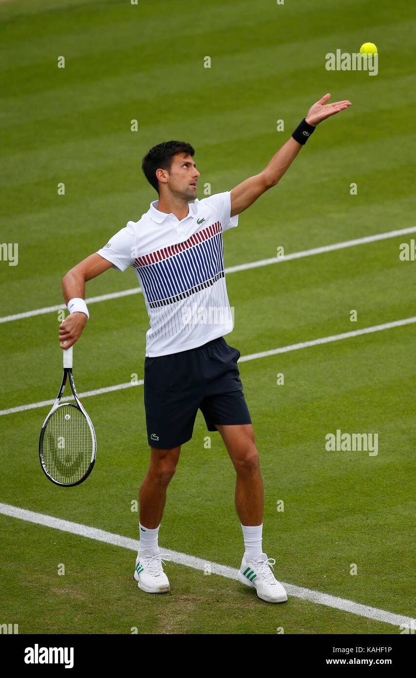 Serbische Novak Djokovic serviert gegen kanadische Vasek Pospisil an Tag fünf der Aegon International an der Devonshire Park, Eastbourne. 27 Jun 2017 Stockfoto
