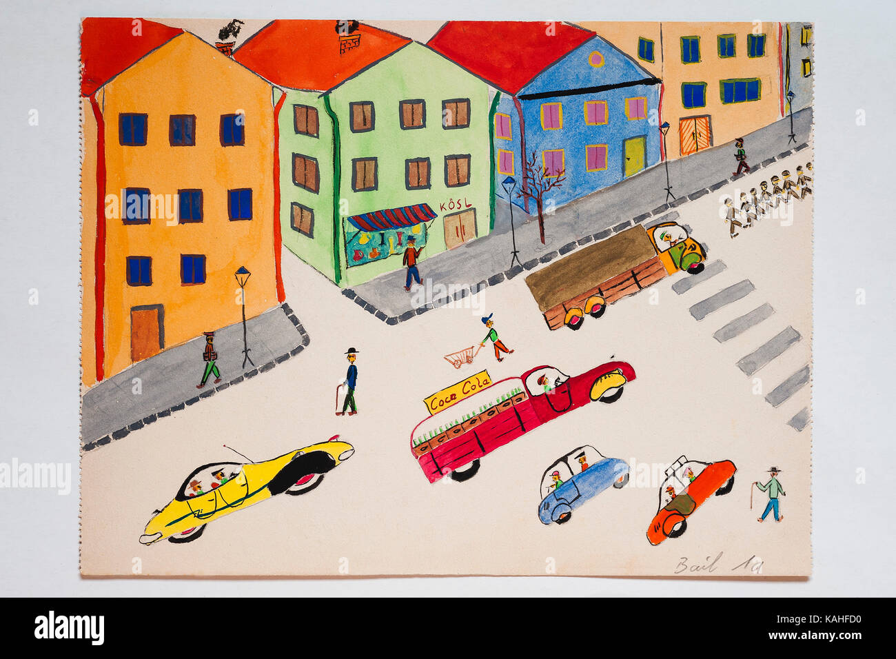 Straße, Häuser und bunte Autos, Kinderzeichnung, 11 Jahre, Deutschland Stockfoto