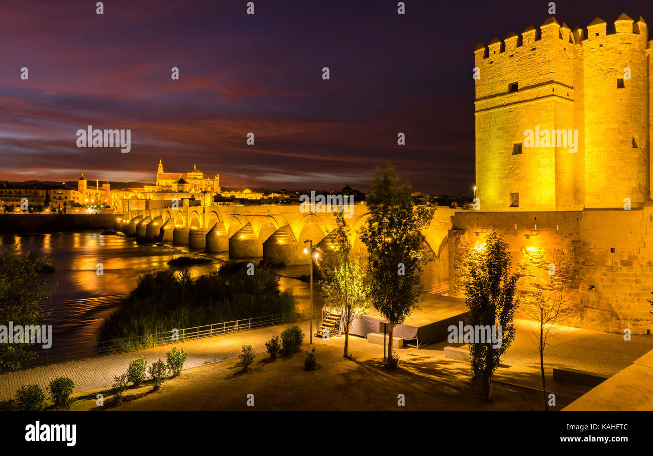 Beleuchtete Festung Torre de la Calahorra mit Puente Romano, Römische Brücke über den Rio Guadalquivir, hinter Mezquita Stockfoto