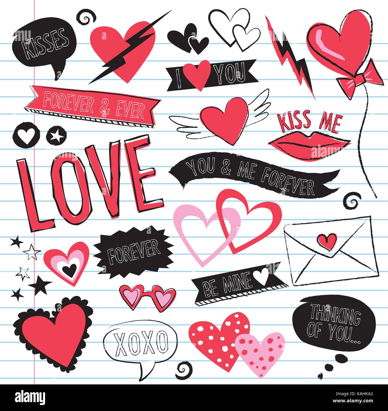 Liebe doodles (Vektor). Bunte Skizzenbuch doodles mit Liebe Formulierung, Herzen und Küssen. Perfekt für Valentines. Stock Vektor
