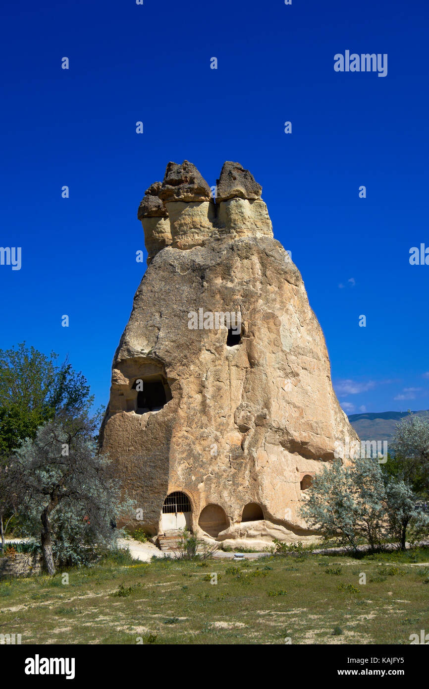 Typische Rock House in Feenkamine, erodierten Felsformationen aus Sandstein, in der Nähe von Göreme und Pasabagi Çavusin. Kappadokien. Zentralanatolien. Türkei Stockfoto
