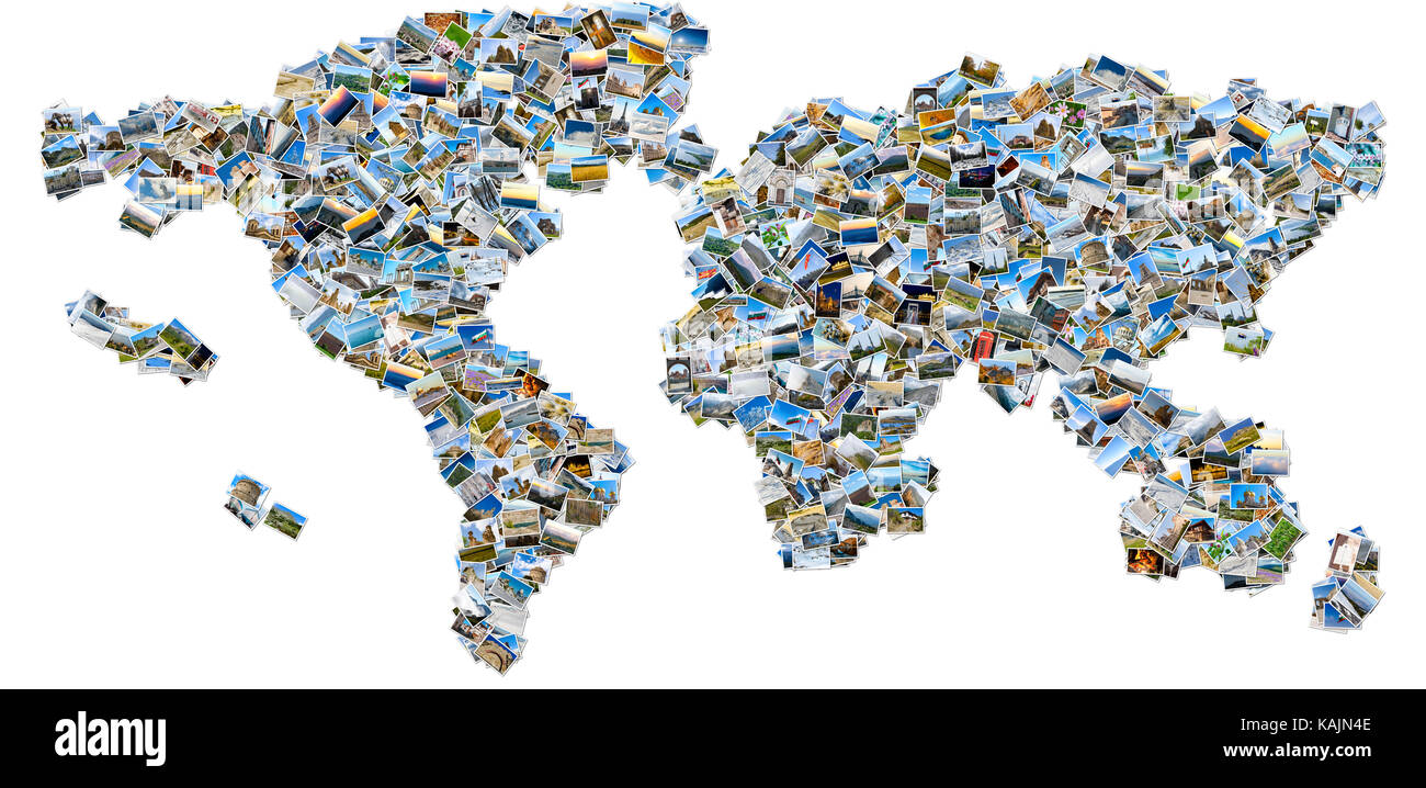 Foto Collage - die Karte Welt reise Bilder auf weißem Hintergrund erstellt Stockfoto