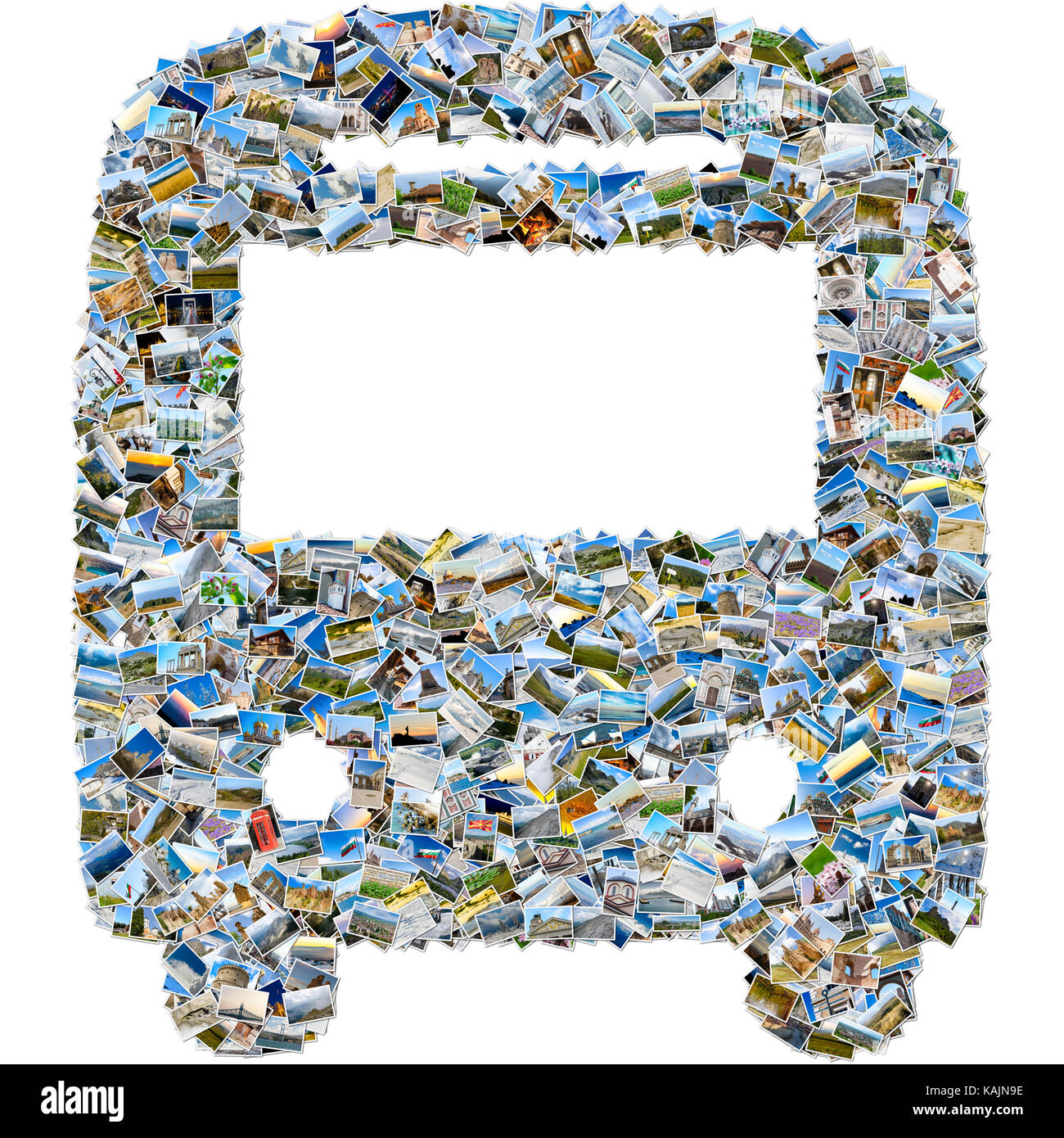 Collage aus Fotos - Mosaik Bus auf weißem Hintergrund Stockfoto