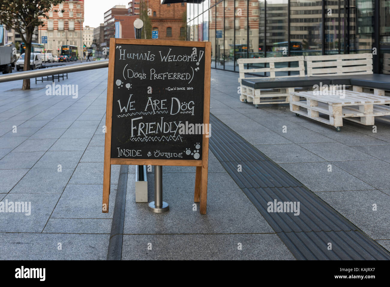 Humorvoll Zeichen für Hund freundlich Cafe Bar, Gin N' Juice Cafe Bar, Liverpool, Großbritannien Stockfoto