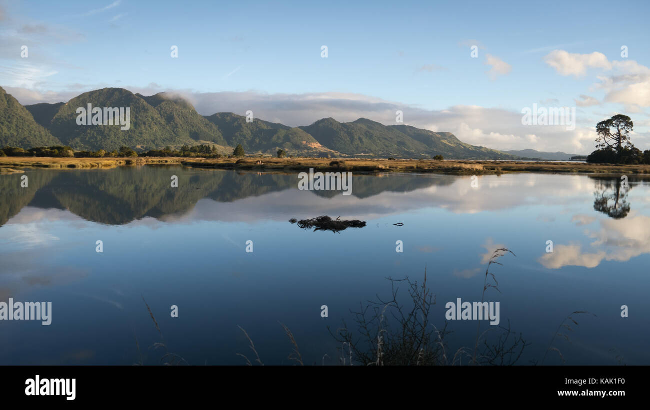 Wunderschöne spiegelnde Spiegelung der Hügel im Aorere River Inlet von Collingwood, Tasman/ South Island, Neuseeland. Stockfoto