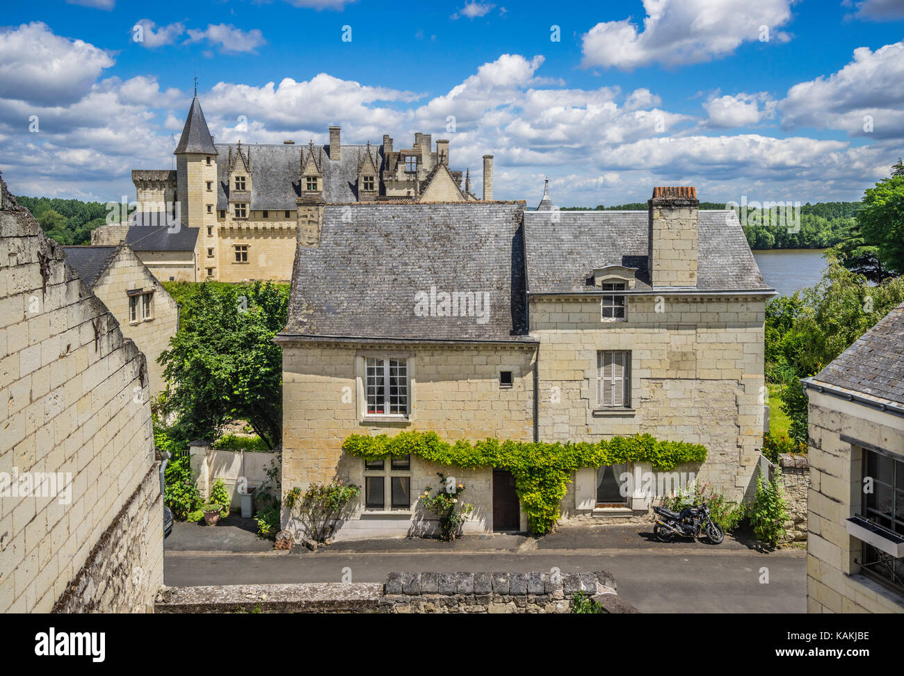 Frankreich, Pays de la Loire, Maine-et-Loire, Schloss Montsoreau aus dem Dorf Montsoreau gesehen Stockfoto