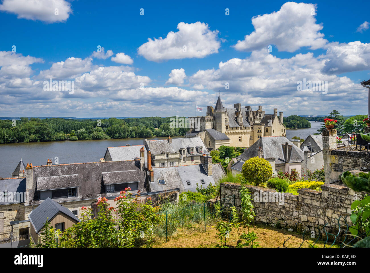 Frankreich, Pays de la Loire, Maine-et-Loire, Schloss Montsoreau aus dem Dorf Montsoreau gesehen, mit Blick auf die Loire Stockfoto
