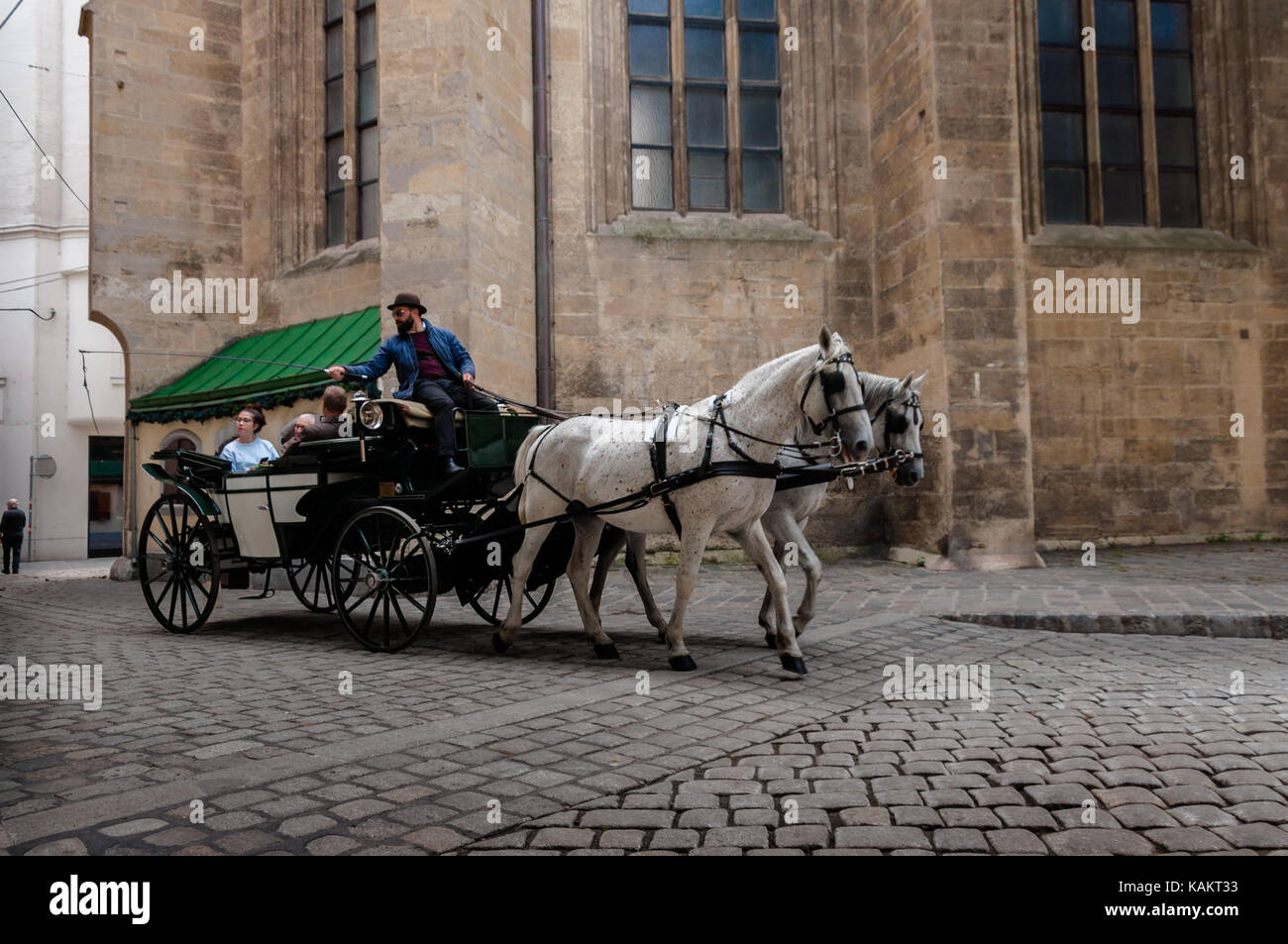 Fiaker Kreuzung in eine historische Straße von Wien Stockfoto