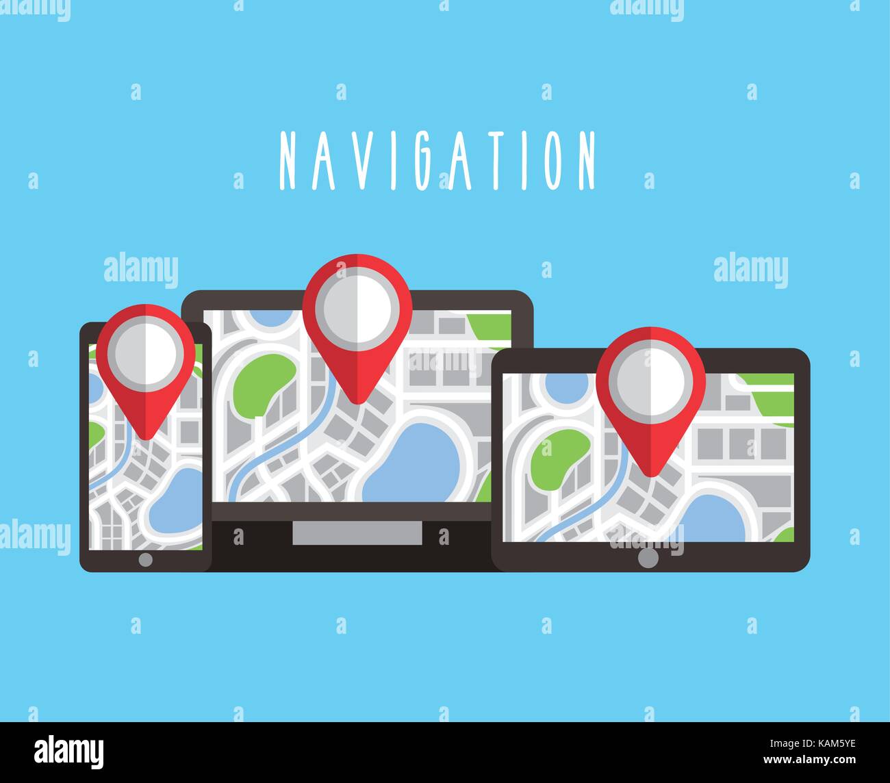 Digitale Geräte mit Navigation GPS-Karte auf dem Bildschirm Stock Vektor