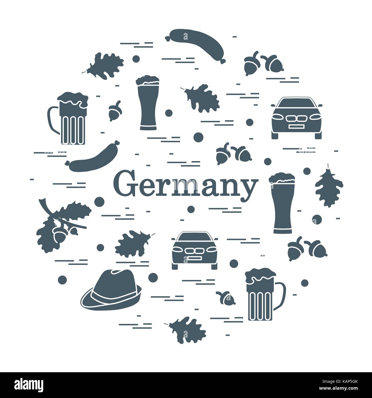 Vector Illustration mit verschiedenen Symbolen in Deutschland arrangiert in einem Kreis. Reisen und Freizeit. Design für Banner, Poster oder Drucken. Stock Vektor