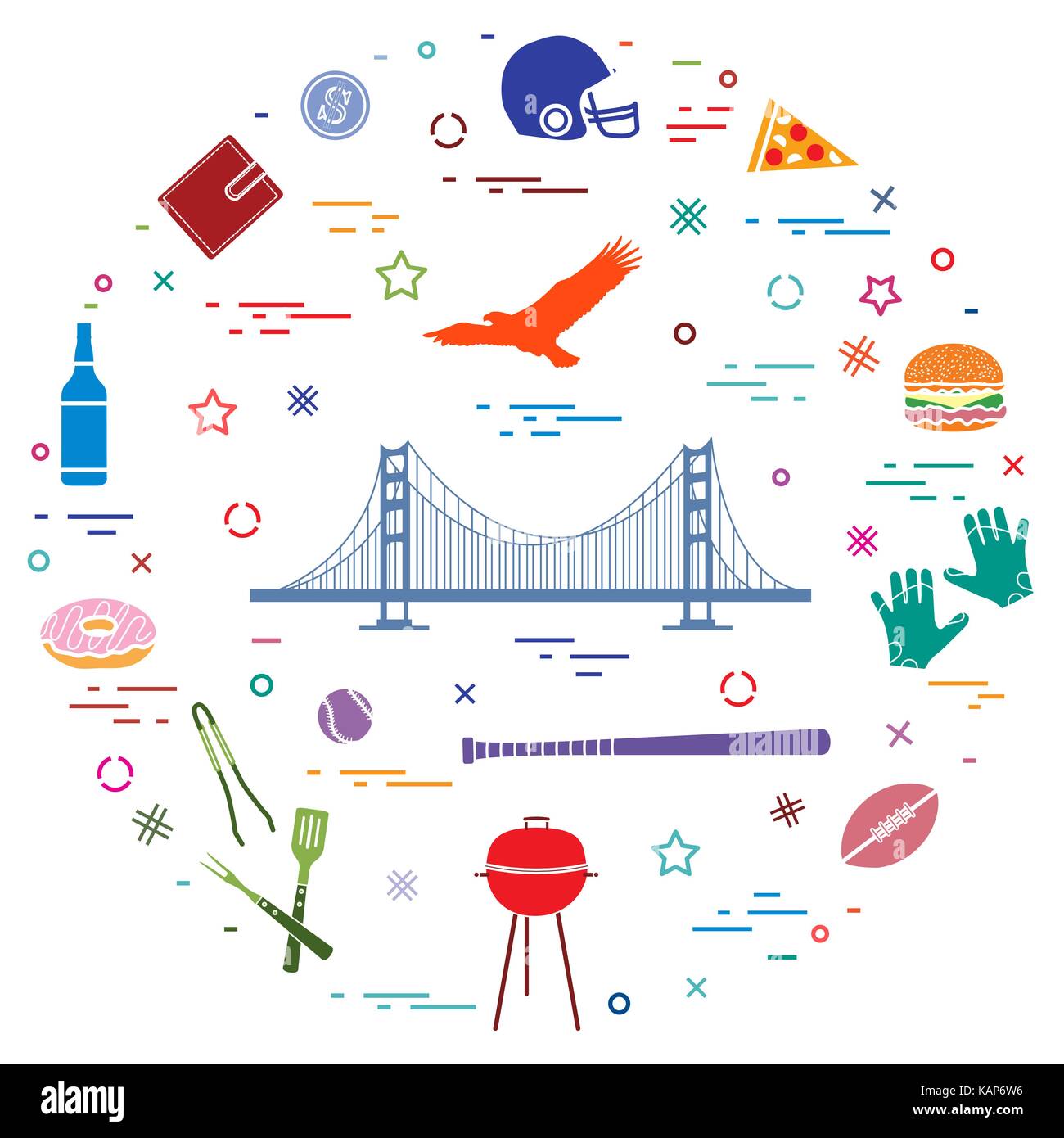 Symbole der USA: Golden Gate, Hängebrücke und Soaring Eagle, Whiskey, Donut, Portemonnaie, Dollar, Helm und Handschuhe für American Football, der Hamburger a Stock Vektor