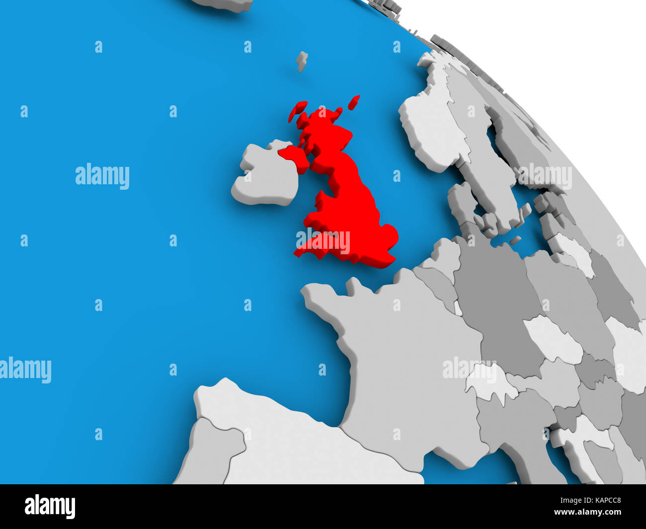 Abbildung: Vereinigtes Königreich in Rot hervorgehoben auf der ganzen Welt. 3D-Darstellung. Stockfoto