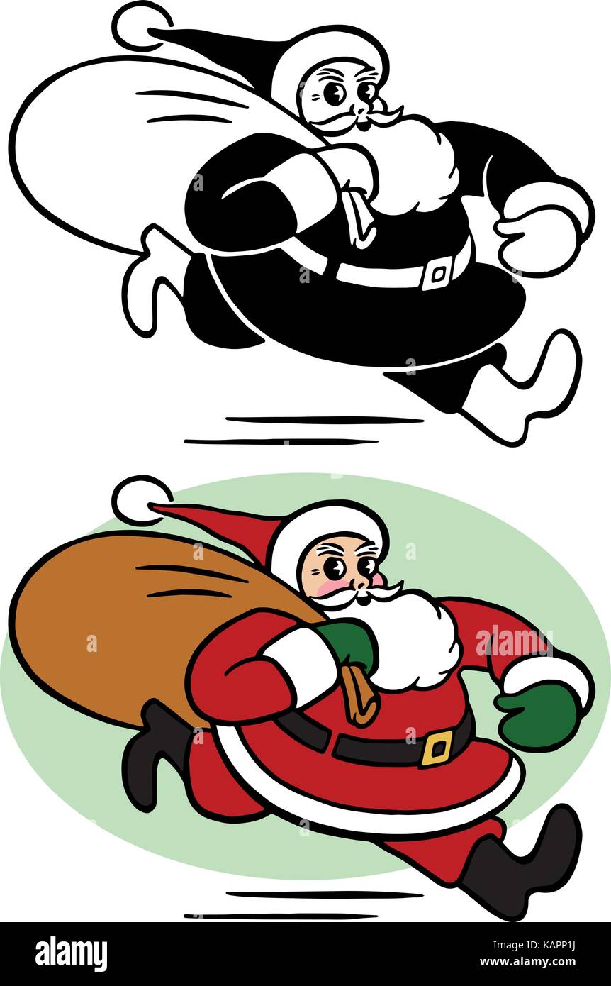 Santa Claus hetzt einen Sack Weihnachtsgeschenk zu liefern. Stock Vektor