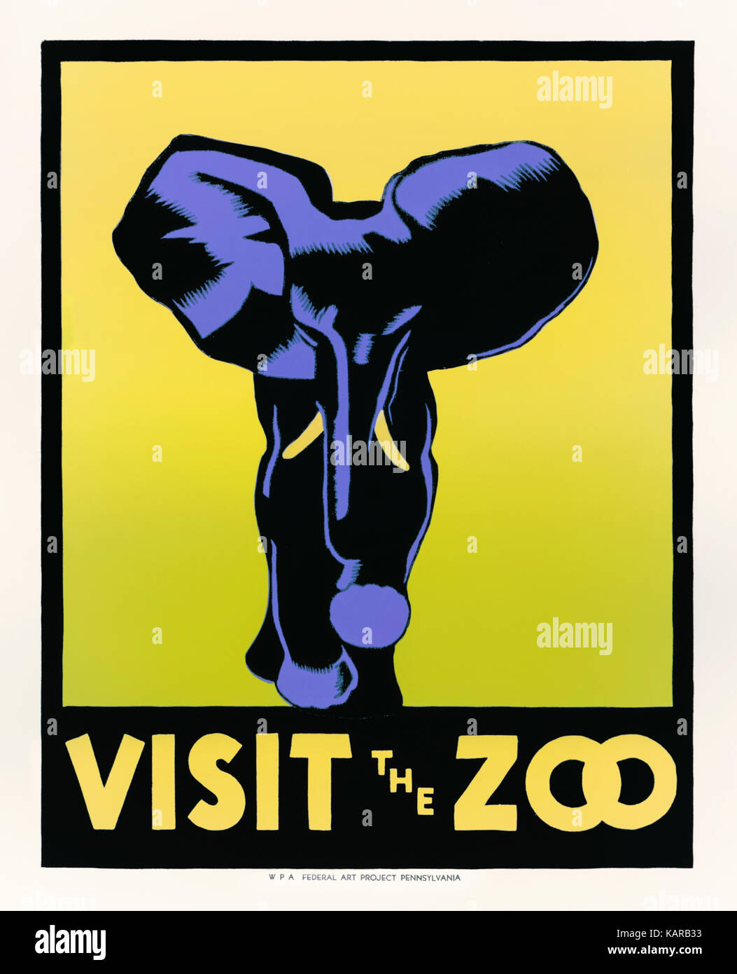 "Besuch im Zoo" - Poster 1936 mit einem holzschnitt eines Elefanten, die von Hugh Stevenson (1910-1956) für Philadelphia Zoo. Im Rahmen der föderalen Projekt Nummer Eins wird gefördert von der Works Progress Administration (WPA) produziert; 1935 erstellt im Rahmen des New Deal von Präsident Franklin D. Roosevelt die Große Depression in den Griff zu bekommen. Stockfoto