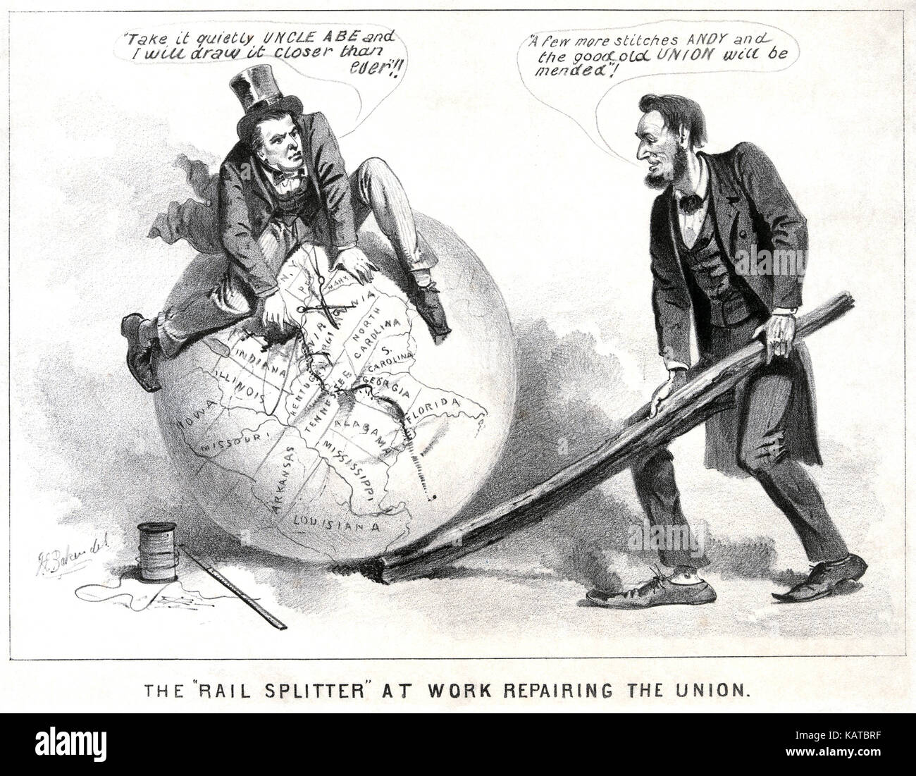 ANDREW JOHNSON (1808-1875) eine Karikatur 1865, Präsident Lincoln als Schiene-Splitter und Vice President Johnson als Schneiderin versuchen, die Union zurückgezahlt Stockfoto