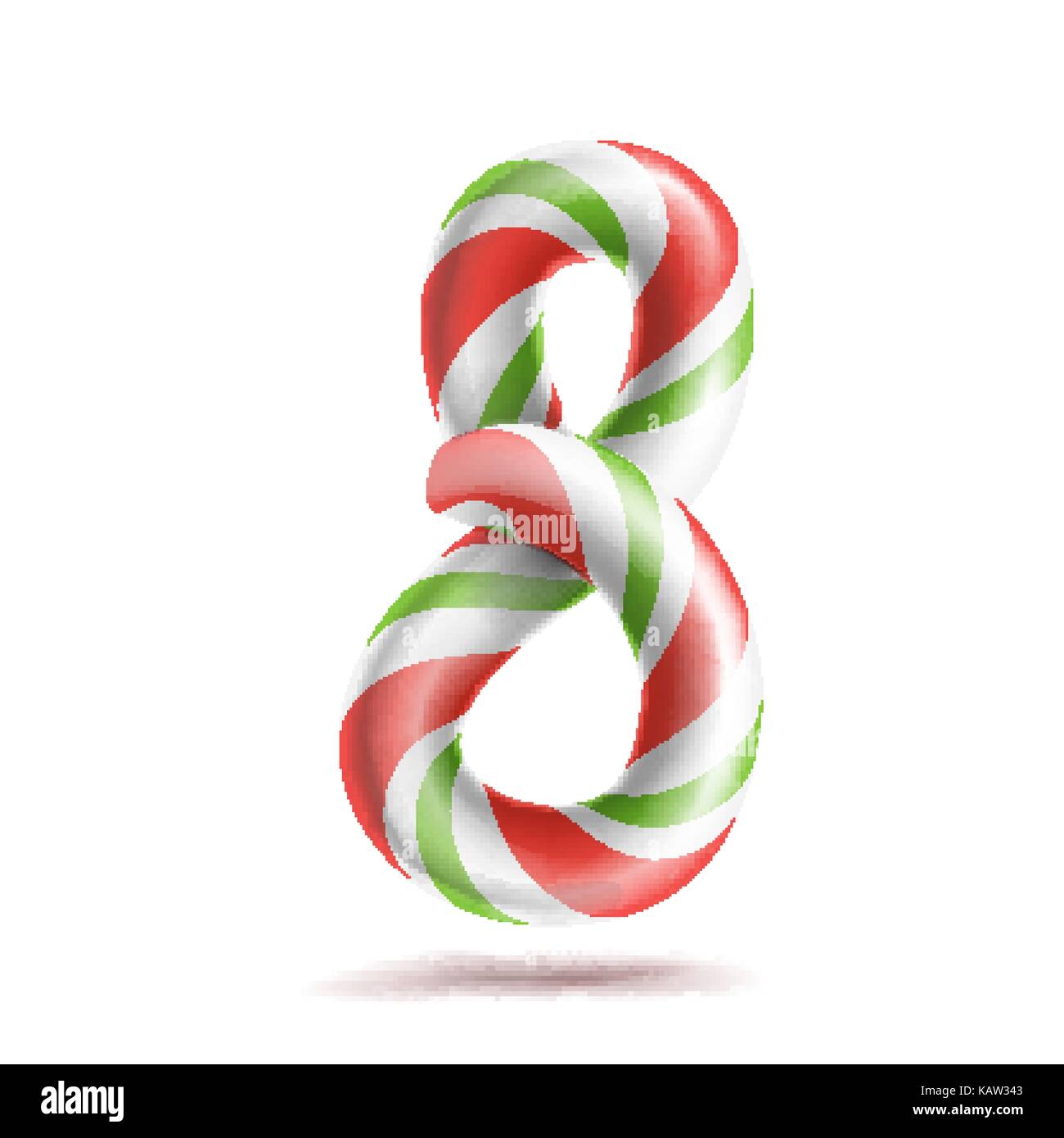 8, Zahl 8 Vektor. 3D-Nummer anmelden. Abbildung 8 In Weihnachten Farben. Rot, Weiß, Grün gestreift. Klassische Weihnachten Mint Hard Candy Cane. Neues Jahr Design. Auf weiß Abbildung isoliert Stock Vektor