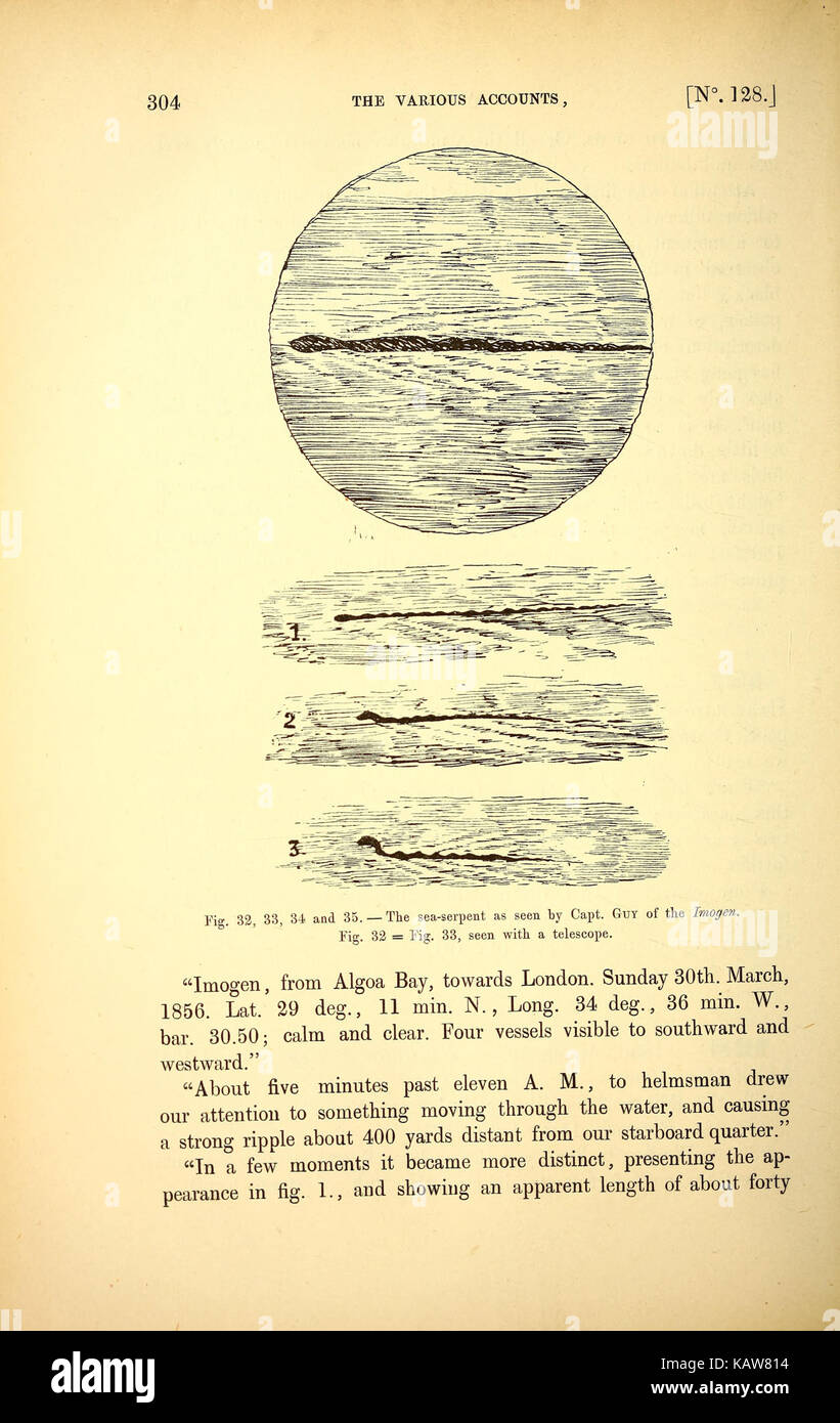 Eine Seite aus „die große Seeschlange“, die die mythische Kreatur und ihren Platz in der Folklore dokumentiert. Das Buch erforscht verschiedene Sichtungen und kulturelle Interpretationen der Seeschlange im Laufe der Geschichte. Stockfoto