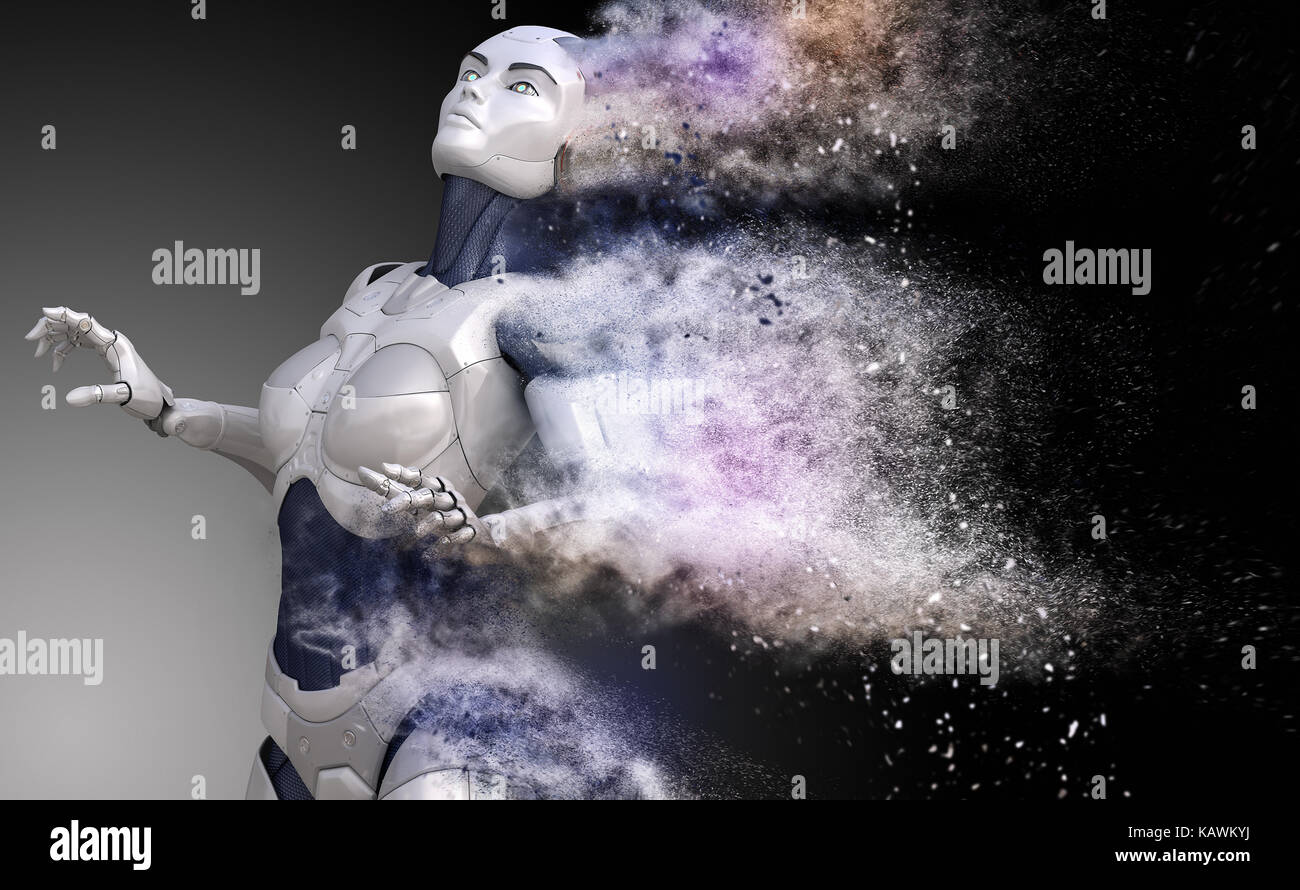 Cyborg zersplitterte in Staub. 3D-Darstellung Stockfoto