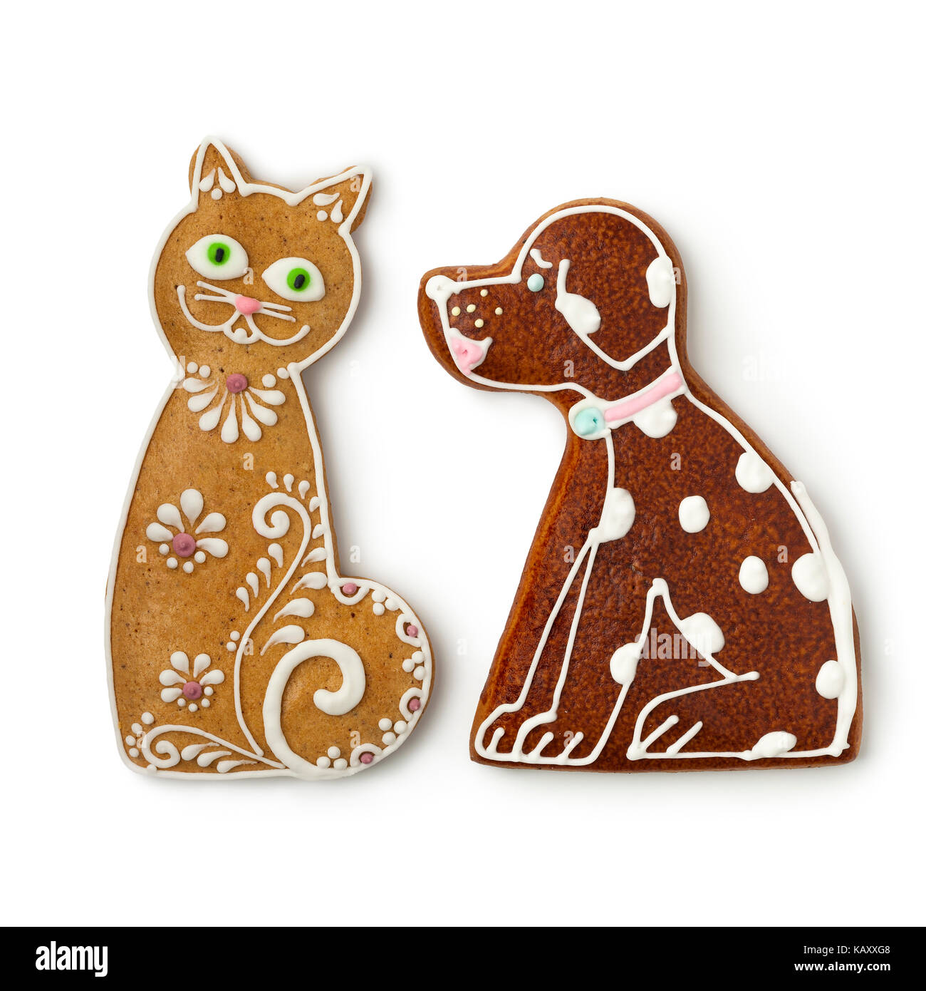 Katze und Hund Ingwer Cookies auf weißem Hintergrund Stockfoto