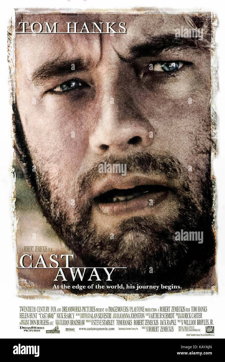 "Cast Away" (2000) mit Tom Hanks als moderne Tag Crusoe, muss auf eine einsame Insel bleibende körperliche und geistige Herausforderungen überleben. Foto von uns Poster. Quelle: John Astor/Twentieth Century Fox Stockfoto