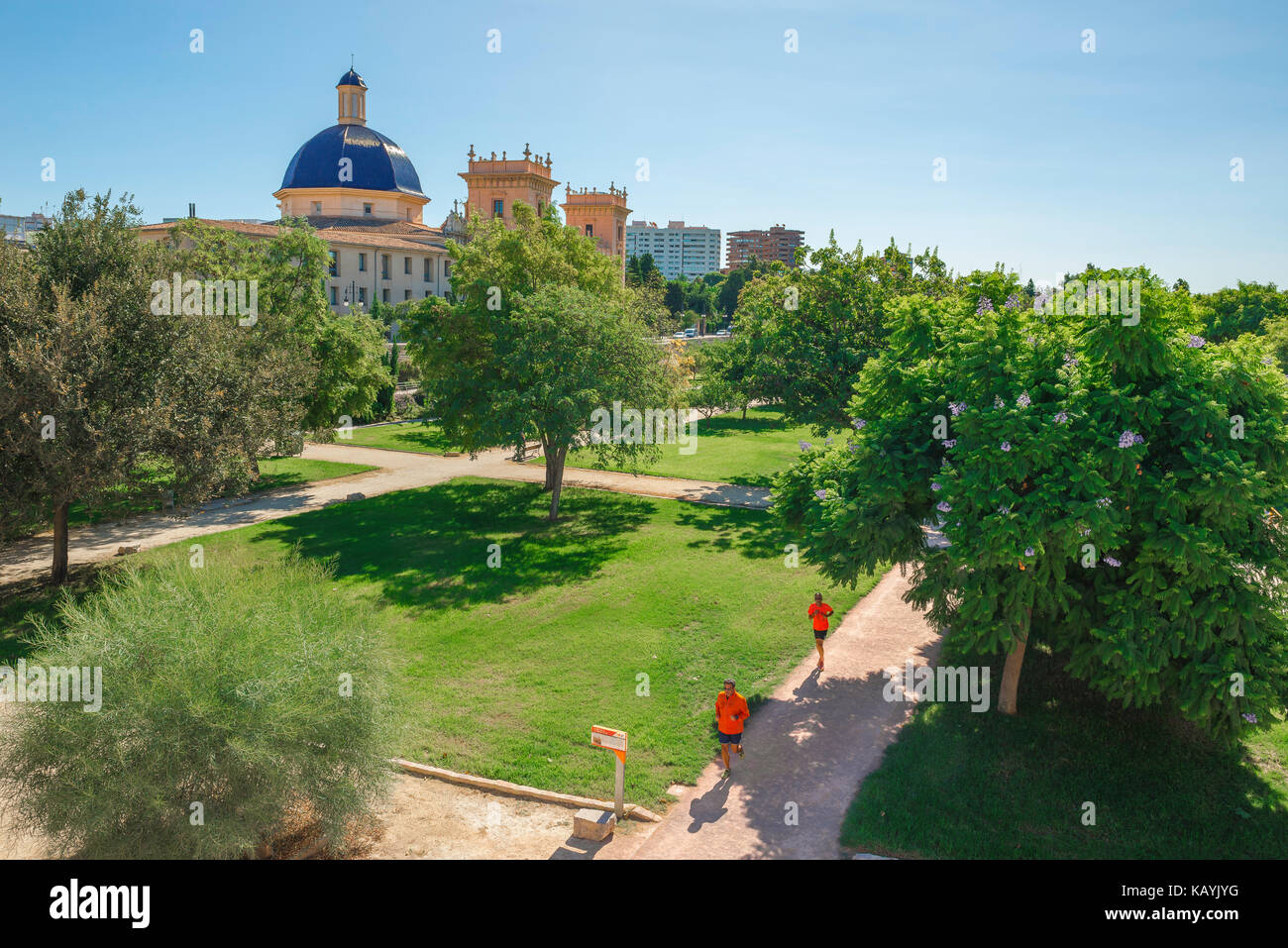 Valencia Rio Turia Garten, Blick auf zwei Männer Joggen durch den Turia Flussbett Garten an einem Sonntagmorgen, im Zentrum von Valencia, Spanien. Stockfoto