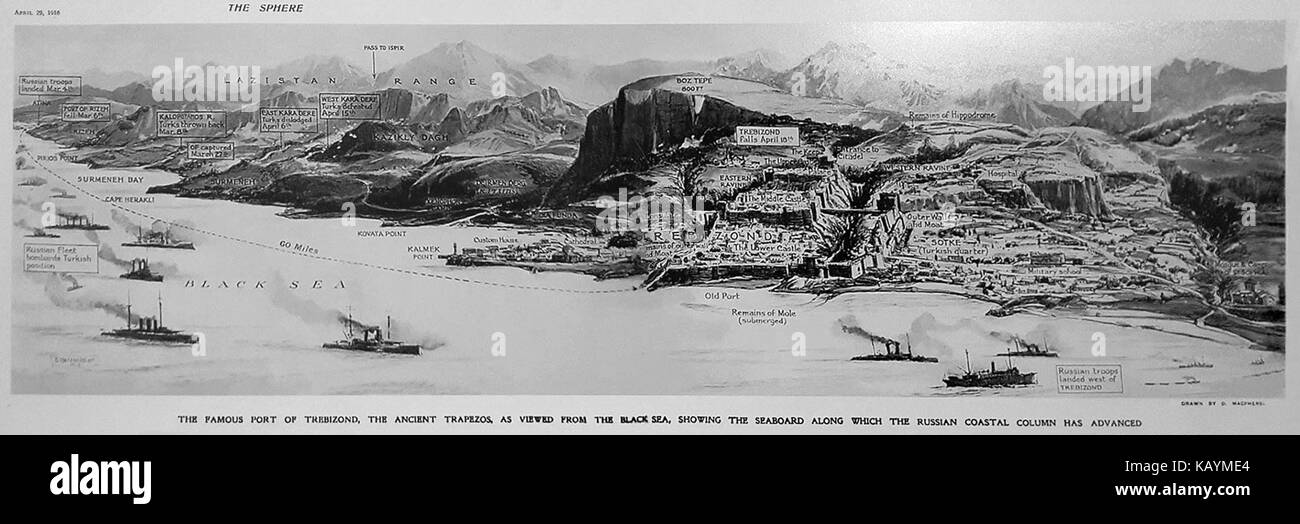 Dies bezieht sich auf ein historisches Ereignis oder Foto, das am 29. April 1916 in Trebizond (dem heutigen Trabzon, Türkei) aufgenommen wurde. Das Ereignis könnte mit dem Ersten Weltkrieg zusammenhängen, da die Region während dieser Zeit bedeutende militärische Aktivitäten erlebte. Stockfoto